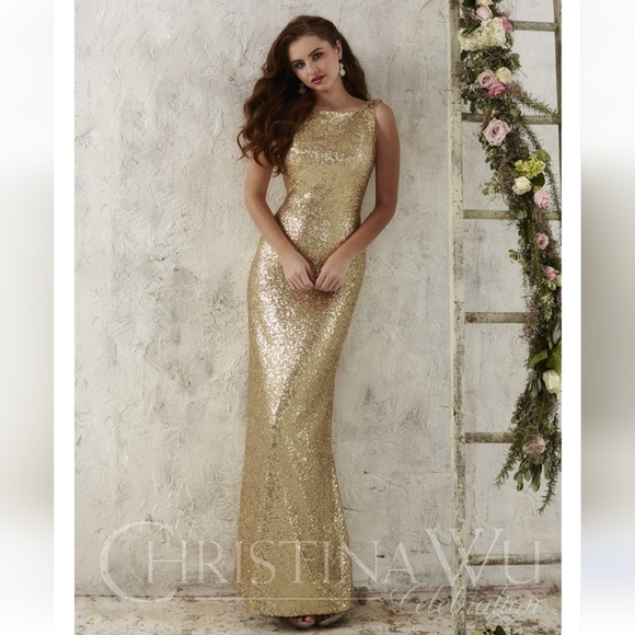 Christina Wu Size 8 Gold Sequined Dress - Style #22704 - Picture 1 of 11